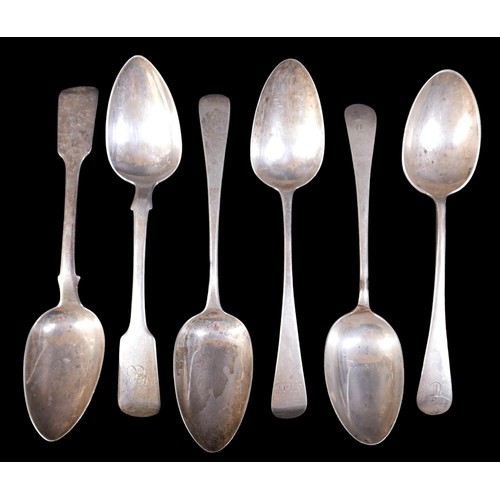 62 - Six large silver serving spoons comprising two George III marked TW JH, London 1798, one JD London 1... 