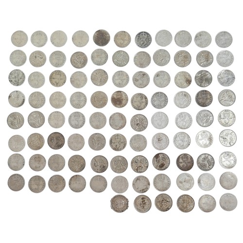 83 - A small collection of coins, mainly silver three penny pieces, 130g / 4.2toz. (1 bag)