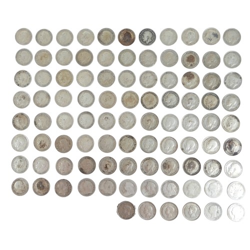 83 - A small collection of coins, mainly silver three penny pieces, 130g / 4.2toz. (1 bag)