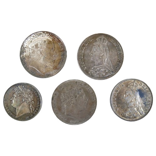 85 - A group of five British silver coins, comprising a George III crown 1819, a George VI half crown 182... 