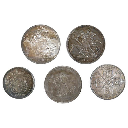 85 - A group of five British silver coins, comprising a George III crown 1819, a George VI half crown 182... 