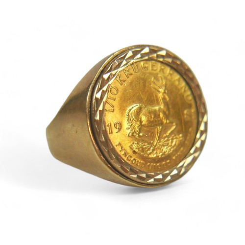 93 - A 1981 1/10 Krugerrand (fine gold 1/10 oz) set in a gents 9ct gold ring, total weight 7g.