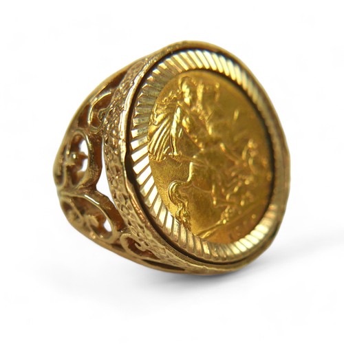 88 - A George V gold half sovereign, 1914, set in a 9ct gold ring with open scrollwork shoulders, size N/... 