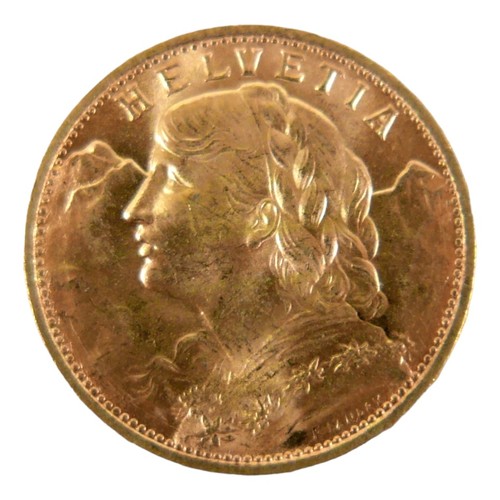 89 - A Swiss gold 20 Franc vreneli coin, 1930, B. (Bern) Mint, obverse with Helvetia head left, reverse w... 