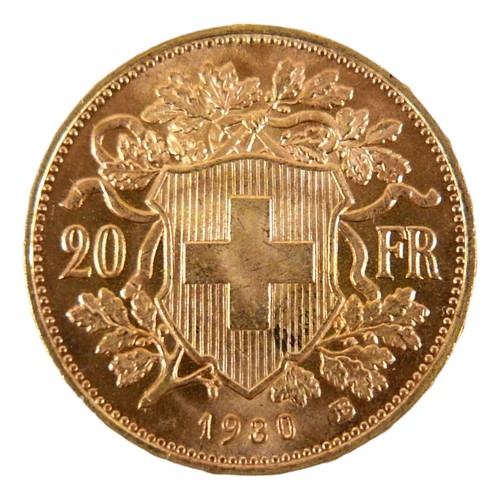 89 - A Swiss gold 20 Franc vreneli coin, 1930, B. (Bern) Mint, obverse with Helvetia head left, reverse w... 