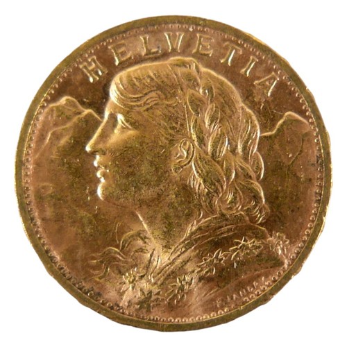 90 - A Swiss gold 20 Franc vreneli coin, 1930, B. (Bern) Mint, obverse with Helvetia head left, reverse w... 