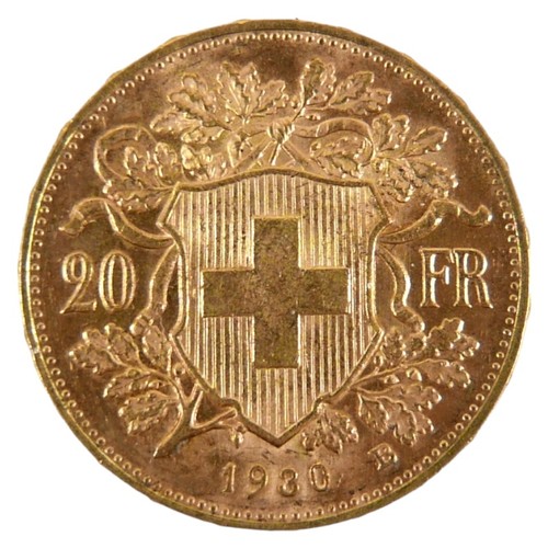 90 - A Swiss gold 20 Franc vreneli coin, 1930, B. (Bern) Mint, obverse with Helvetia head left, reverse w... 