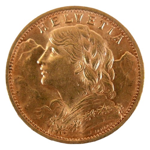 91 - A Swiss gold 20 Franc vreneli coin, 1930, B. (Bern) Mint, obverse with Helvetia head left, reverse w... 