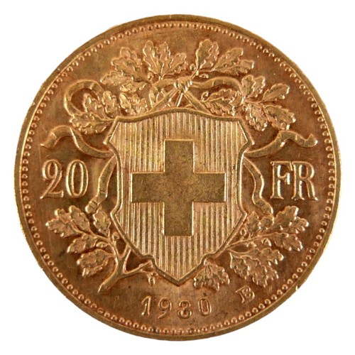 91 - A Swiss gold 20 Franc vreneli coin, 1930, B. (Bern) Mint, obverse with Helvetia head left, reverse w... 