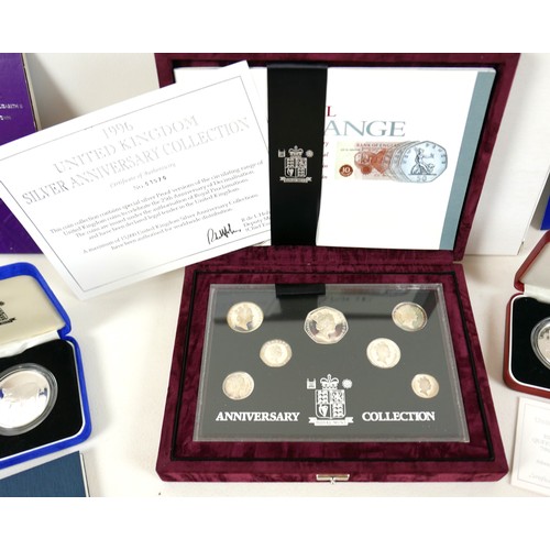 79 - A collection of silver coins and coin sets, comprising 1996 UK Silver Anniversary Collection, 7-coin... 