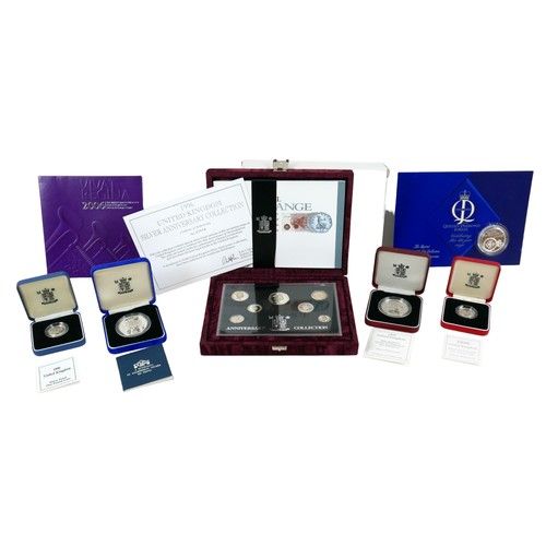 79 - A collection of silver coins and coin sets, comprising 1996 UK Silver Anniversary Collection, 7-coin... 