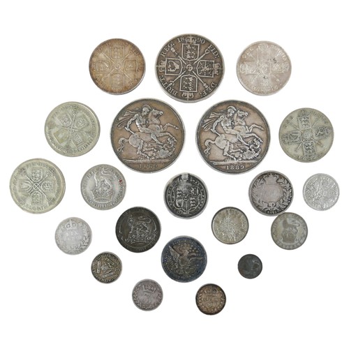 74 - A small group of GB silver coins, including two Victorian Jubilee Head crowns, both 1889, a Victoria... 