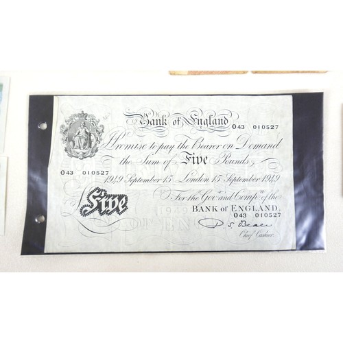 73 - A group of notes and coins, comprising a white £5 note Beale Chief Cashier, 043 010527, dated 15th S... 