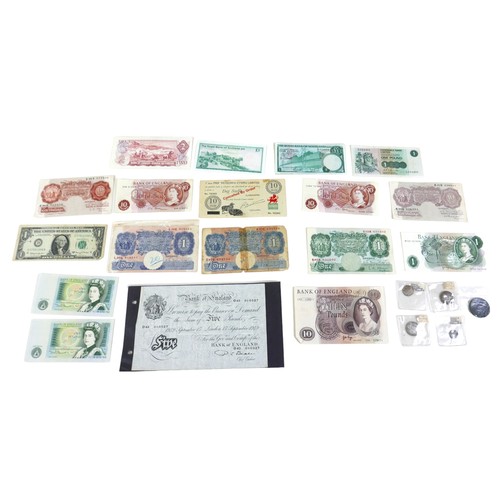 73 - A group of notes and coins, comprising a white £5 note Beale Chief Cashier, 043 010527, dated 15th S... 