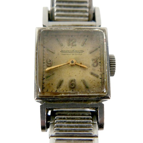 101 - A vintage Jaeger LeCoultre lady's wristwatch, with square steel case, square 3.6.9.12 Arabic dial, i... 