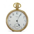 An 18ct yellow gold Waltham open faced pocket watch, keyless wind, white dial with black Arabic nume... 