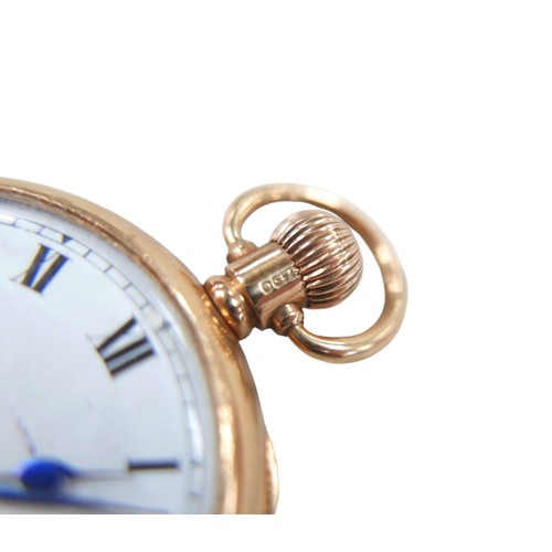 110 - A 9ct gold cased open faced pocket watch, keyless wind, with Roman numeral dial, subsidiary seconds ... 