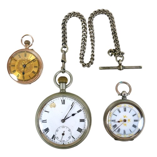 109 - A 9ct gold lady's pocket watch, together with a silver pocket watch with a ceramic face, and a nicke... 