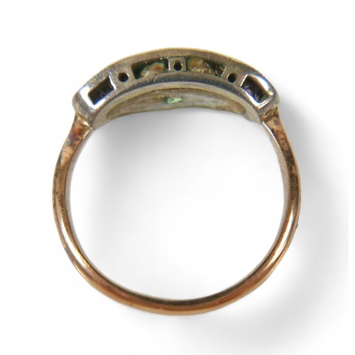 117 - An 18ct yellow gold ring, with three coloured stones, size M, 2.6g.