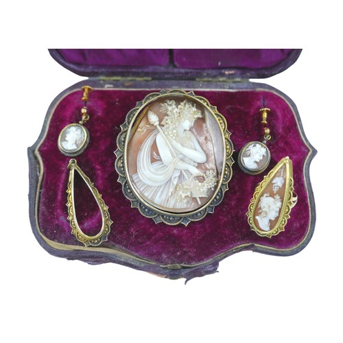 123 - A demi-parure of Victorian gold and yellow metal mounted cameo jewellery, comprising a 9ct gold came... 