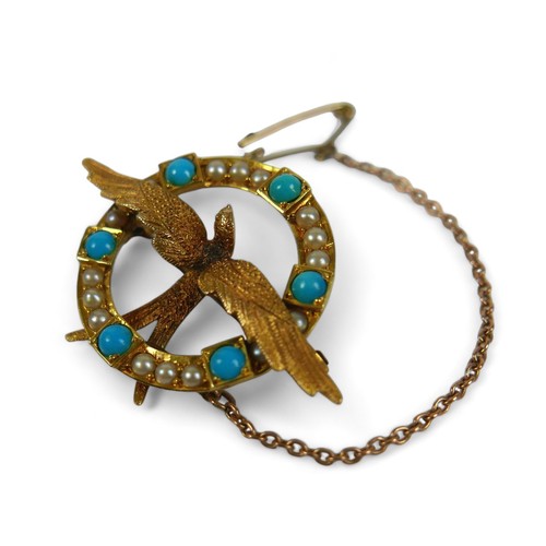 146 - An Edwardian 15ct yellow gold, turquoise and pearl set brooch, formed as a swallow surrounded by a c... 