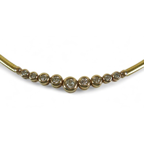 220 - An 18ct gold and diamond necklace, with nine graduated brilliant cut diamonds, in 9ct gold rounded b... 