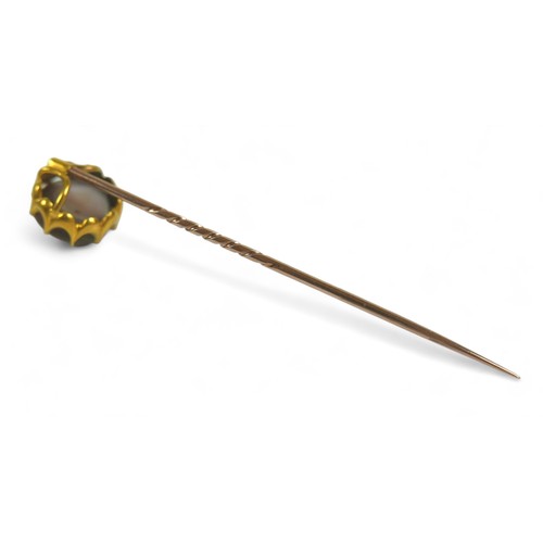 121 - A gilt metal mother of pearl pin, head 14 by 11mm. Gross weight 4.6 grams.