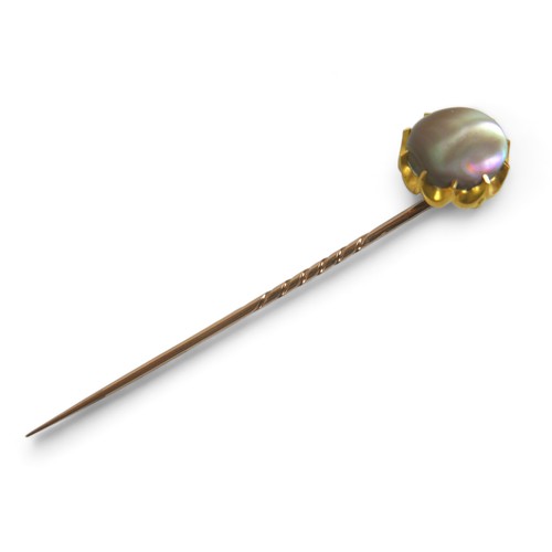 121 - A gilt metal mother of pearl pin, head 14 by 11mm. Gross weight 4.6 grams.