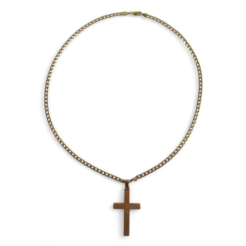 222 - A 9ct gold flat link necklace with large 9ct gold cross, total weight 30.6g.