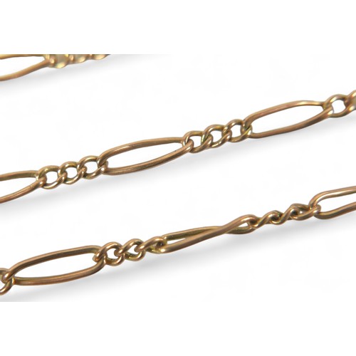 147 - A 9ct rose gold bracelet with three small and one large loop repeat design with T bar, a/f detached,... 