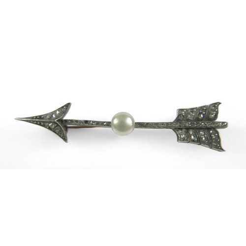 205 - A 19th century bar brooch set with diamond chips and single pearl, modelled as an arrow, unmarked bu... 