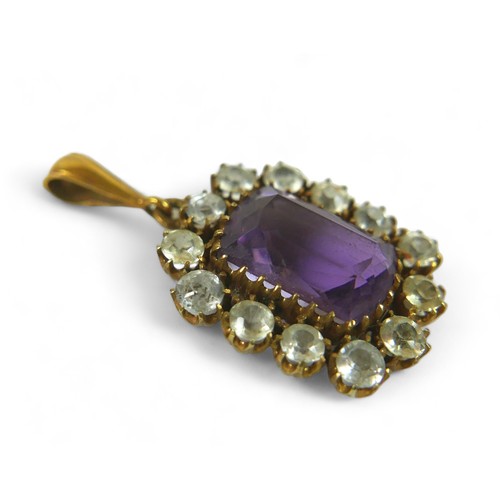 167 - An amethyst and gold-set pendant with white stone border emerald-cut amethyst, testing as 9ct gold s... 