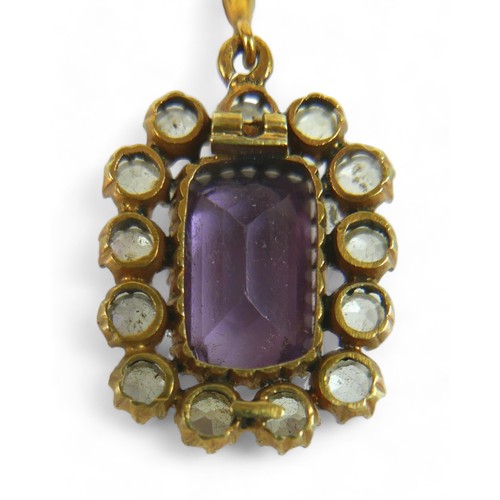 167 - An amethyst and gold-set pendant with white stone border emerald-cut amethyst, testing as 9ct gold s... 