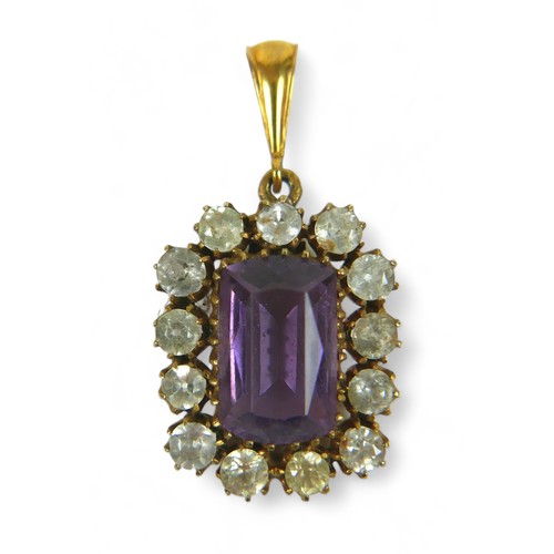 167 - An amethyst and gold-set pendant with white stone border emerald-cut amethyst, testing as 9ct gold s... 