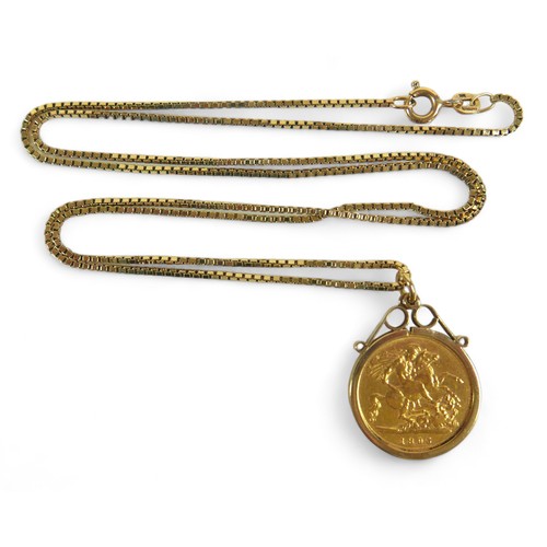 202 - A Victorian 1895 half sovereign in 9ct gold pendant setting and 9ct gold box chain, overall gross we... 