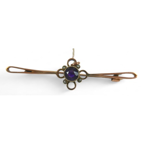 154 - A Victorian 9ct rose gold, amethyst and black seed pearl bar brooch, 5.8cm long, 3.6g, plus two came... 