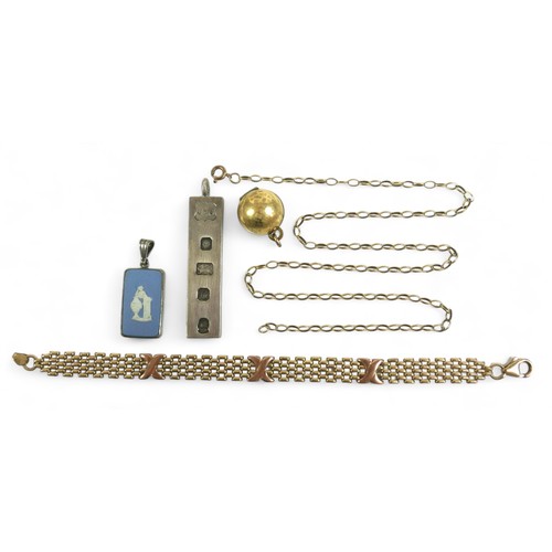 199 - A collection of jewellery, comprising a 9ct gold bracelet with rose gold X design details, 17.5cm lo... 