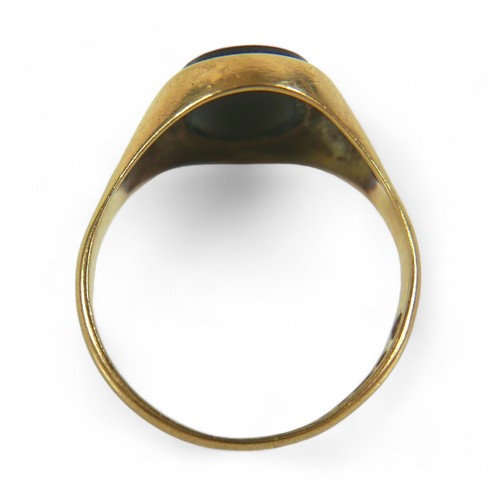 149 - Two 9ct gold rings, comprising a gents signet ring set with black oval hardstone, 4g, size V, togeth... 