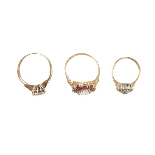 162 - Three 9ct gold dress rings, comprising an opal and ruby daisy ring, the central oval opal 8 by 6mm, ... 