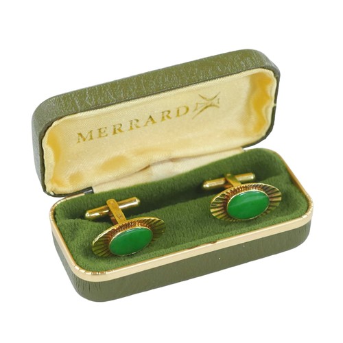 176 - A pair of 14ct gold and jade style stone inlaid cufflinks, with gilt metal hinged bars, 11.7g gross,... 