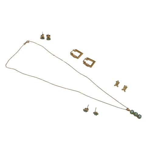 196 - A group of 9ct gold jewellery, including a diamond and emerald pendant necklace, the three small dia... 