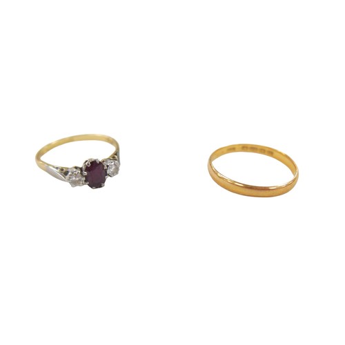 195 - A 22ct gold ring, size N, 2.2g, and an 18ct gold ruby diamond dress ring, the oval cut ruby 4 by 6mm... 