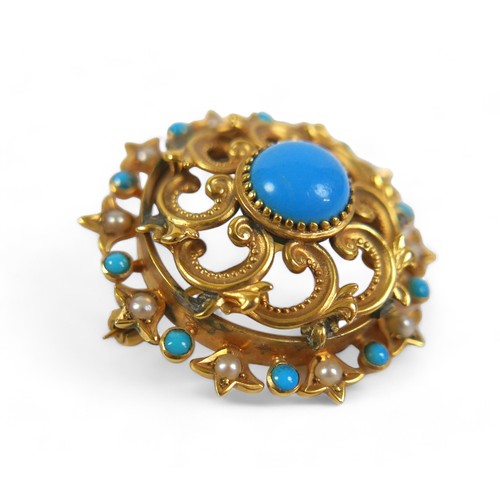 78 - A 15ct yellow gold turquoise and pearl brooch, 8.7 grams, 32 by 14.5mm