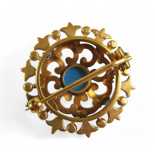 78 - A 15ct yellow gold turquoise and pearl brooch, 8.7 grams, 32 by 14.5mm