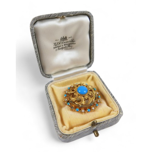 78 - A 15ct yellow gold turquoise and pearl brooch, 8.7 grams, 32 by 14.5mm