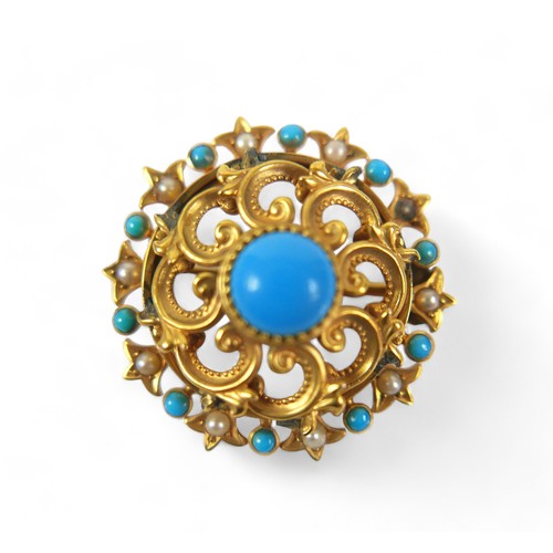 78 - A 15ct yellow gold turquoise and pearl brooch, 8.7 grams, 32 by 14.5mm