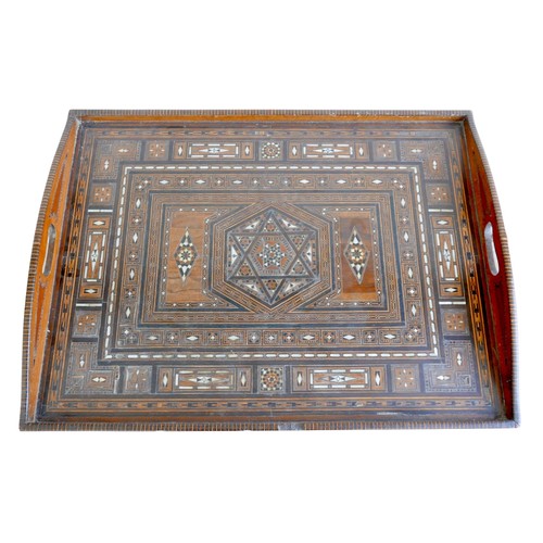 563 - A Syrian Damascus tray top vitrine, side table, circa 1900, the lift off twin handled tray top inlai... 