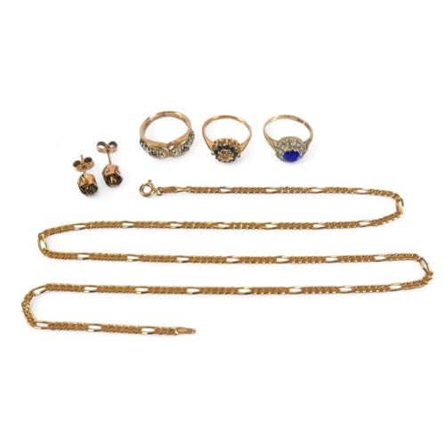 73 - A group of gold jewellery, comprising three 9ct yellow gold rings, a 9ct yellow gold necklace and a ... 