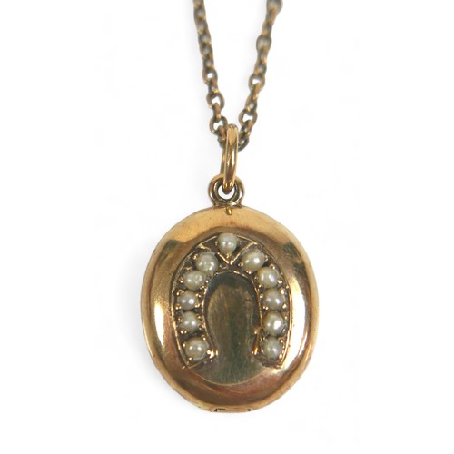 79 - A group of 9ct gold jewellery, comprising a horseshoe locket necklace, with seed pearls, chain lengt... 