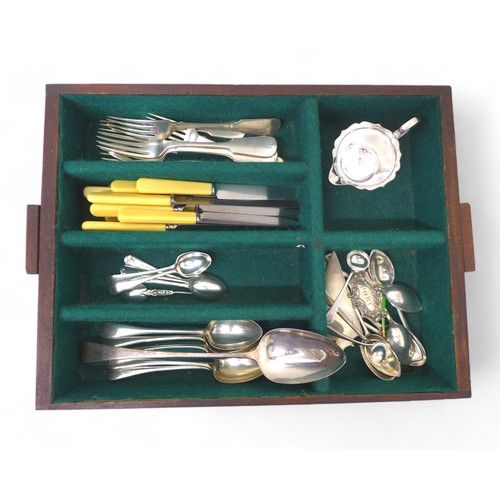 6 - A group of fourteen silver items, mainly flatware, together with a collection of silver plated items... 